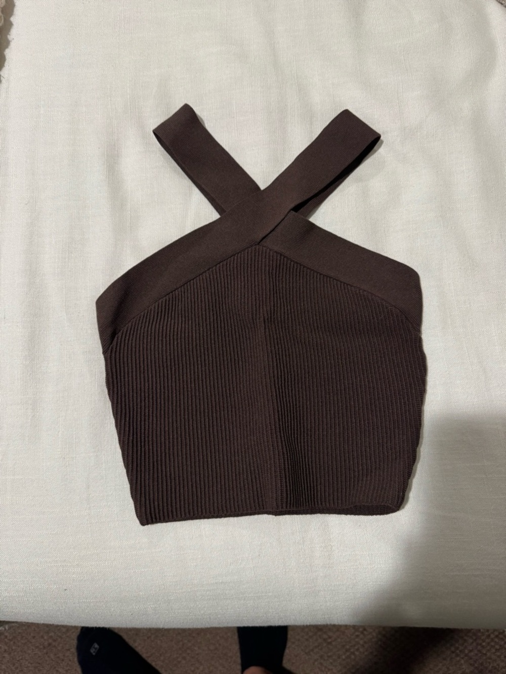 Brown Crisscross Ribbed Crop Top